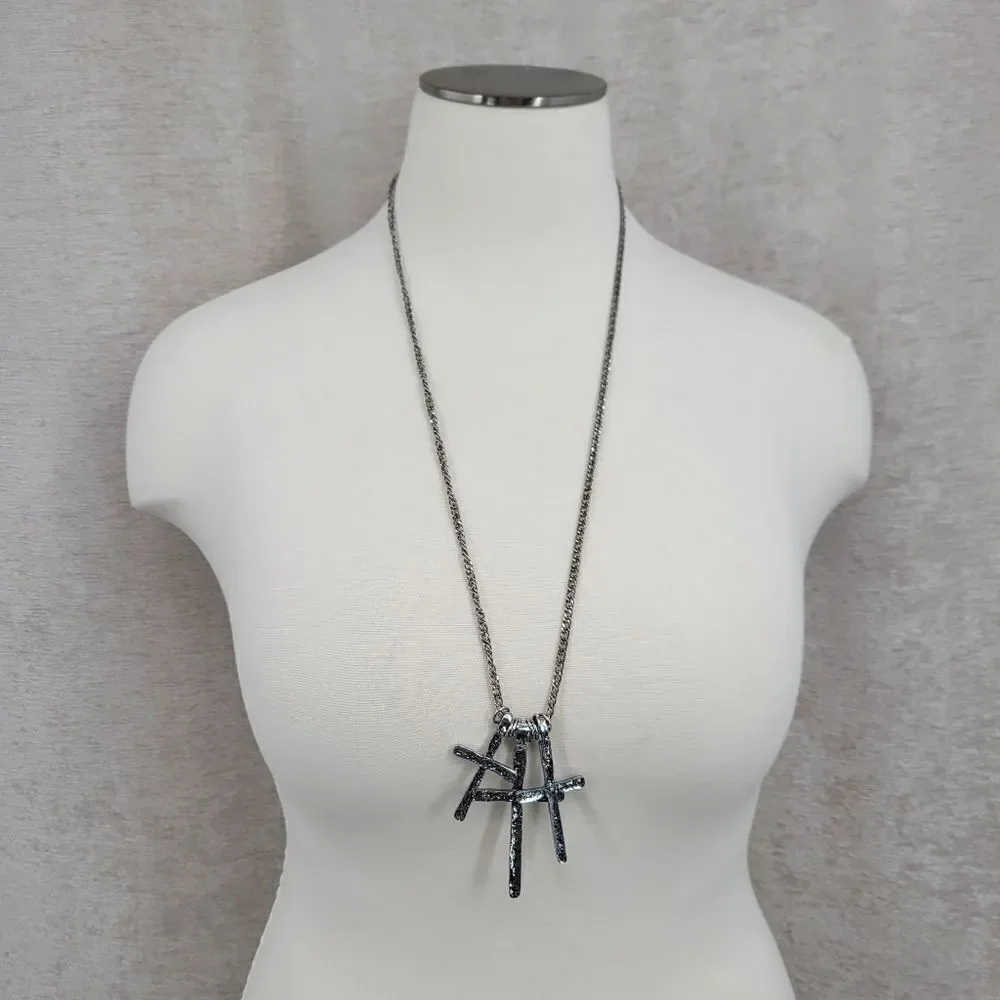 3 Cross Necklace Silver-toned Chain Hammered Metal Crosses